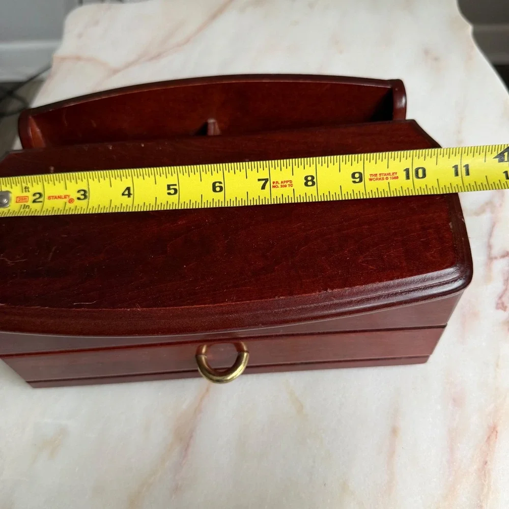 Vintage Cherry Wood Jewelry Box Mirror Green Velvet Lining Drawer Gold Hardware